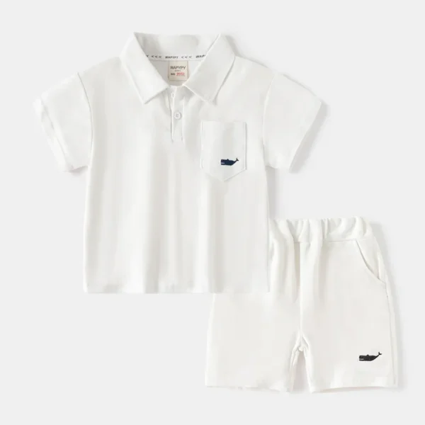 Children's Short Sleeve Set 2025 Summer New Korean Edition Boys' Solid Color Polo Shirt Top Five Leg Pants Two Piece Set Wholesa - Image 2