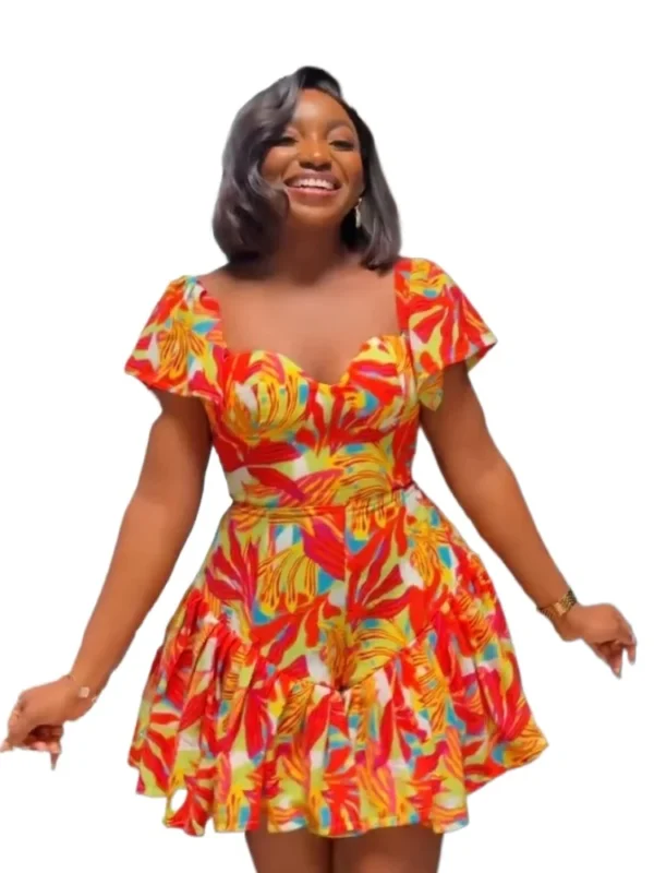 2025 Low Cut Short Sleeve Pleated Ruffles Printing Sexy Playsuit Women Short Jumpsuit Fashion Bodycon Elegant Summer Playsuit