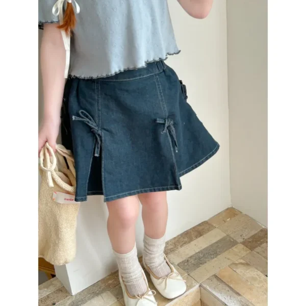 Girls' Fashion Bow Denim Half Skirt, Korean Style Children's Clothing 2025 Summer New Stylish Versatile Half Skirt - Image 6