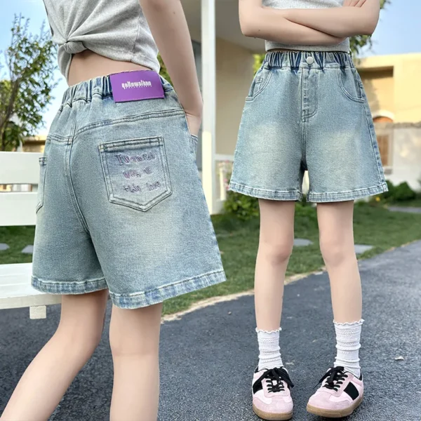 Summer Teen Girls Shorts Kids Casual Blue Jeans With Pocket Letter Embroider Girls Denim Trousers Kids Short Pants Ages 4-14Y