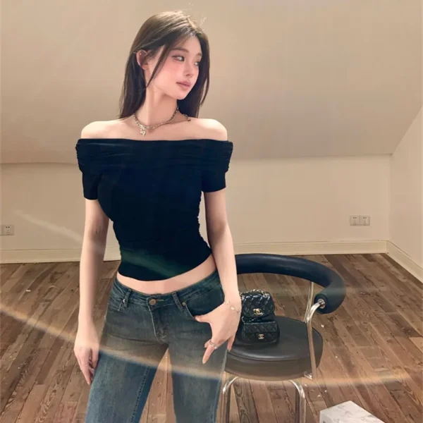 2025 Summer Sexy Off Shoulder T-shirt Women Pleated Skinny Sexy Korean Fashion Crop Tops Woman Japanese Tee Shirt Femme Clothes