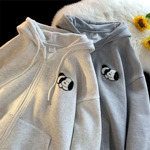 Gray Cartoon Puppy Printed Sweatshirts Zip Up Oversized Hoodies - Image 2