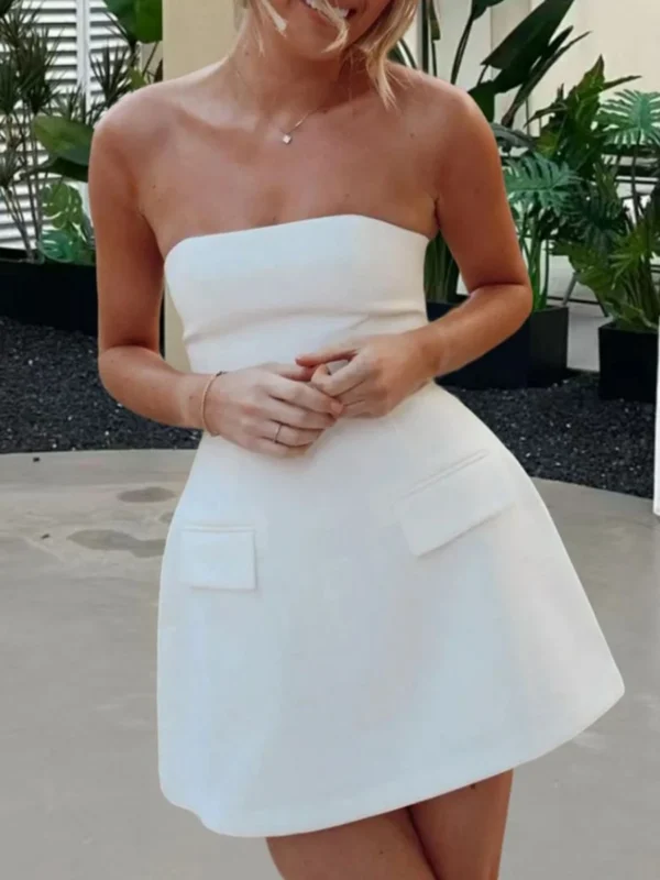 Women Summer Mini Party Dress Elegant Sleeveless Off Shoulder A-line Tube Top Dresses with 2 Pockets Female Cocktail Sundress