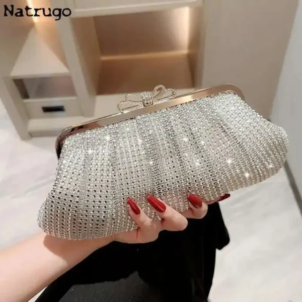 Silver Shiny Women Party Clutch Bow Buckle Luxury Evening Bags Prom Wedding Dinner Handbags With Chain Rhinestones 2024 New - Image 2