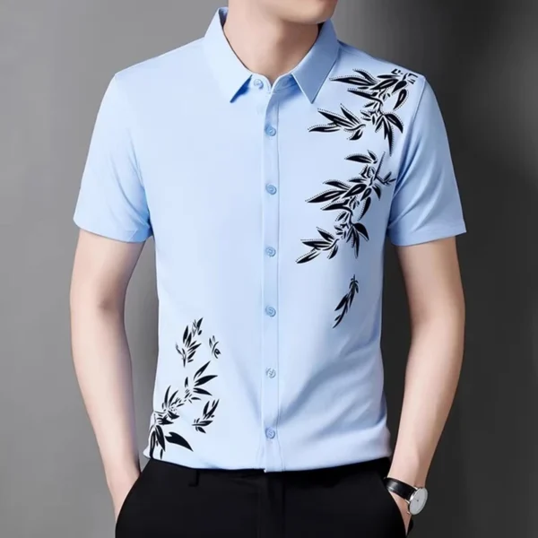 Men's short-sleeved shirt, flocked high elasticity generous fashion lapel shirt 8 colors - Image 6