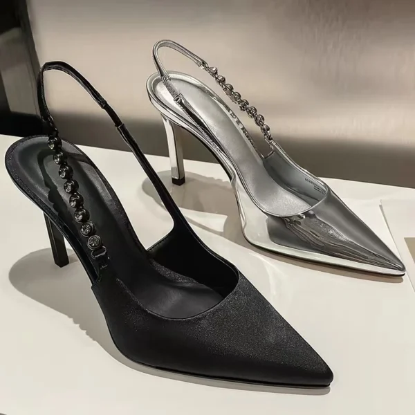 Shiny High Heels Slingback Silver Women Pumps Metallic Crystal Sandals Pointy Toe Stiletto Heeled Shoes Party Dress Shoes Woman - Image 5