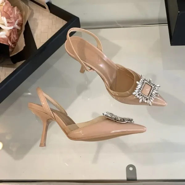 2025 High-heeled Shoes With Female Pointed Toes, Niche Temperament, Slim Heel, Rhinestone Square Buckle, And Rear Strap - Image 2