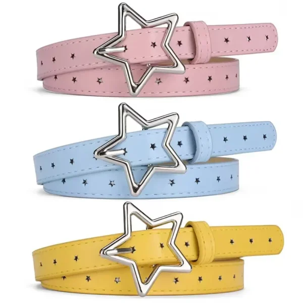 Children Five-pointed Alloy Buckle Belt Sweet Girls Versatile Stars All Holes Belt Female Dresses Jeans PU Leather Waistband