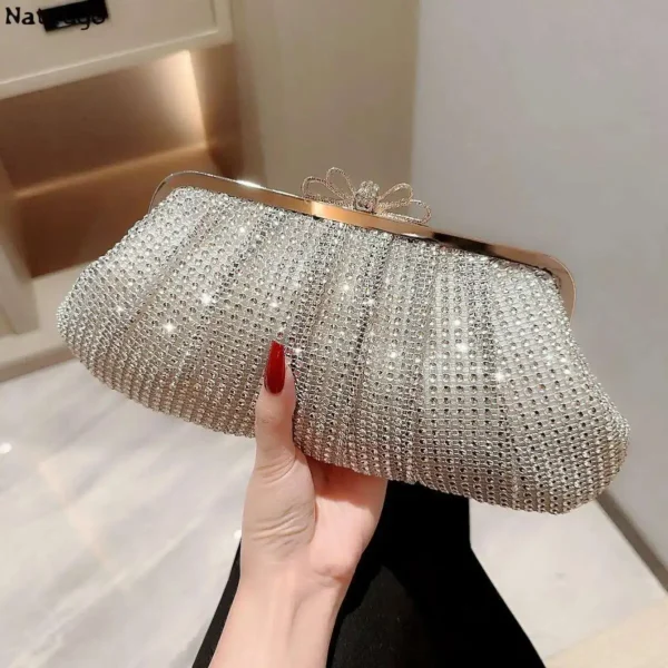 Silver Shiny Women Party Clutch Bow Buckle Luxury Evening Bags Prom Wedding Dinner Handbags With Chain Rhinestones 2024 New - Image 6