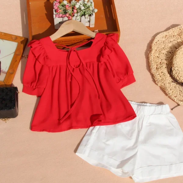 New Children Pure Color Doll Shirt Summer Puff Sleeve Blouse for Toddler Girls Korean Chiffon Short Sleeve Tops Clothes 10 12Yrs - Image 5