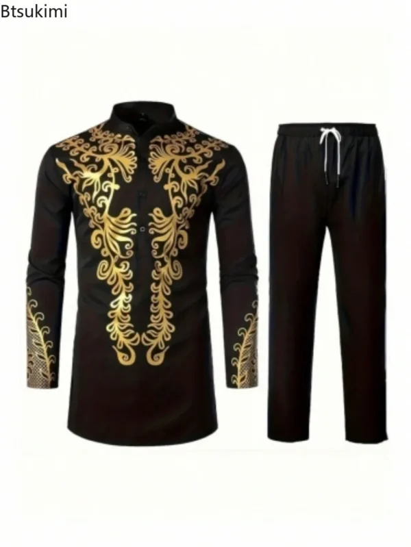 2025 African Men's Casual Printed Two Pieces Fashion Stand Collar Gold Stamping Top and Pants Sets Men Ethnic Style Muslim Suits - Image 5