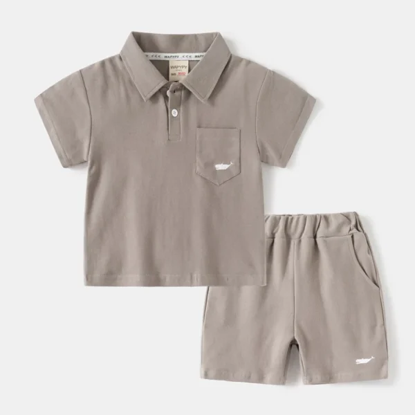 Children's Short Sleeve Set 2025 Summer New Korean Edition Boys' Solid Color Polo Shirt Top Five Leg Pants Two Piece Set Wholesa - Image 3