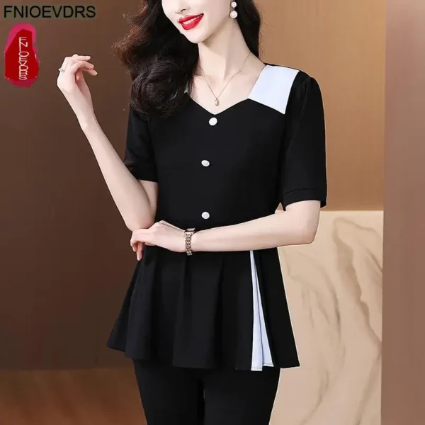 Office Shirts Basic Wear New Design 2025 Summer Women Short Sleeve Elegant Fashion Work Lady Retro Vintage Blouses Peplum Tops - Image 4