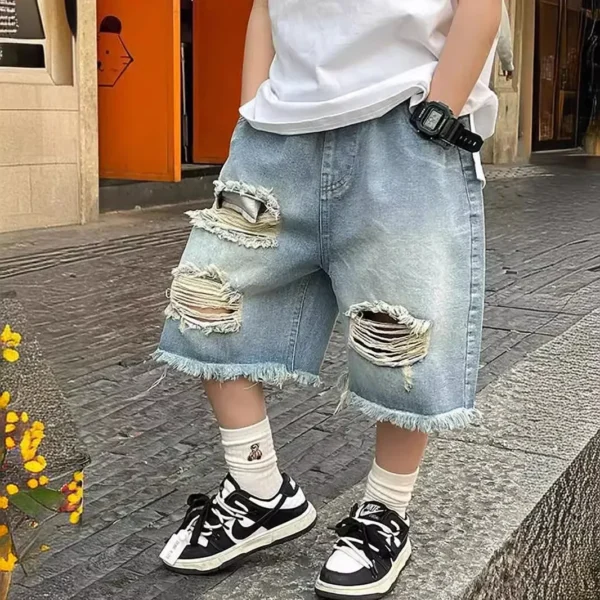 New 2025 Boys Summer Thin Denim Five-point Pants Kids Fashion Ripped Denim Shorts Trousers Teen Casual Jeans Children's Clothing - Image 3