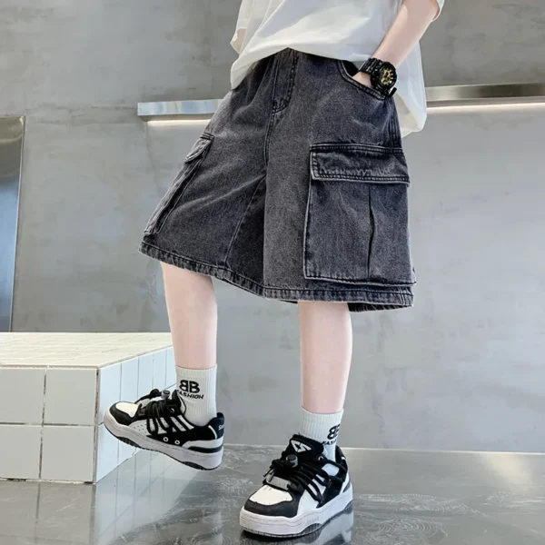 Loose Style Child Casual Black Denim Cargo Shorts With Big Pocket for Boys Elegant Summer Solid Short Baggy Jeans For Kids Teens - Image 6