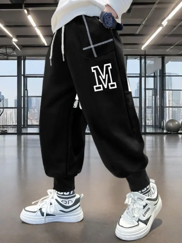 Children Autumn Black Color Cotton Sports Jogger Pants for Boys Casual Tapered Trousers Kids Letter Sporty Sweatpants Trackpants - Image 4