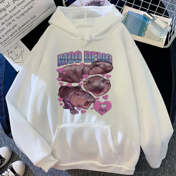 Moo Deng hoodie casual wear athleisure winter modern style teen pullover sweatshirts comfortable funny anime