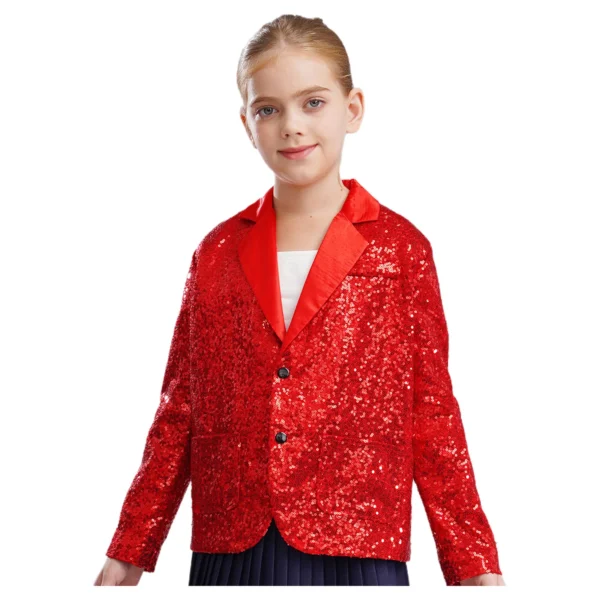 Kids Girls Boys Glitter Sequins Blazer Jacket Notched Lapel Long Sleeve Suit Coat Wedding Party Ball Jazz Disco Dance Clothes