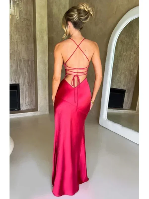 Bandage Backless Elegant Dress Split Hem Spaghetti Strap Slim Cocktail Party Club Fashion Satin Solid Lace-Up Long Dresses - Image 2