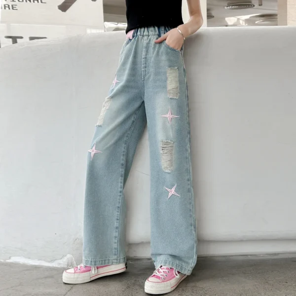 Fashion Stylish Children Straight Fit Ripped Jeans with Star Embroidery for Teens Girls Casual Slim Broken Hole Denim Pants 5-14 - Image 2