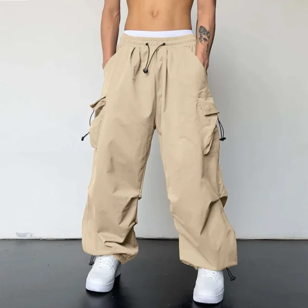 Mens Casual Waist Color Sports Hat Woven Pocket Foot Rope Solid Pants Street Cargo Tie Mens Cargo Big Size Oversized Trousers - Image 2
