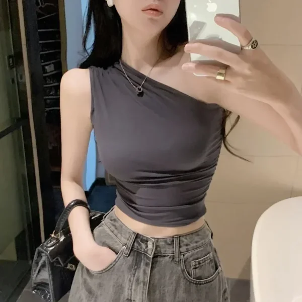 Korean Fashion Clothing Sexy Vest Sleeveless Tunic Folds Camis 2025 Ropa Mujer Solid Color Off Shoulder Summer Tanks Crop Tops - Image 2