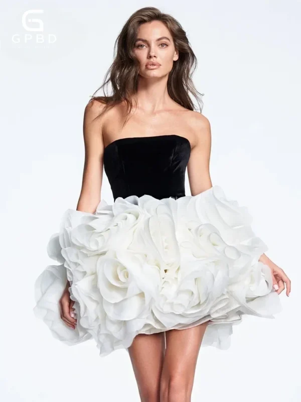 Black and White Ruffled Short Dress Tube Velvet Top Sleeveless Open Back 3D Structured Flowers Cocktail Party Mini Ball Gown