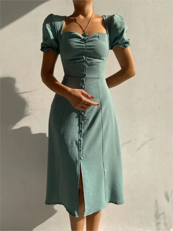 Fashion Solid Bodycon Dresses For Women Puff Short Sleeves Sexy Low Cut Slim Midi Dress Y2k Elegant Ladies Vestidos 2024 Summer - Image 5