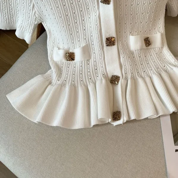 French Elegant Peplum Knit Blouse Women Summer V Neck Lace Hem Short Sleeve White Button Shirt Chic Slim Fit Office Lady Tops - Image 4