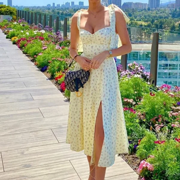 V-neck Summer Cute Dress Women Sleeveless Suspender Strap Floral Backless Split Dress High Waist Sexy Sweet Long Maxi Dress - Image 4