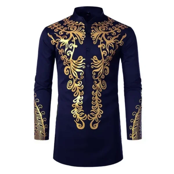 African golden polished dress shirts long tunic mens fashion print button up bridegroom top stand collar clothes black plus size - Image 2