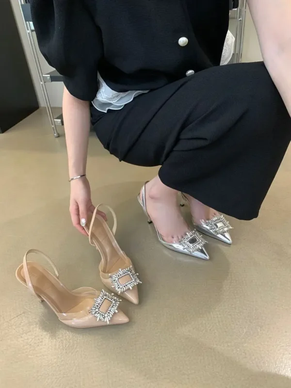 2025 High-heeled Shoes With Female Pointed Toes, Niche Temperament, Slim Heel, Rhinestone Square Buckle, And Rear Strap - Image 3