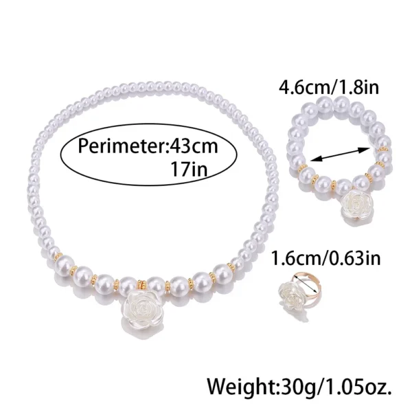 3pcs Set Cute Sweet Pearl Beaded White Camellia Flower Necklace Bracelet Ring for Girls - Image 2