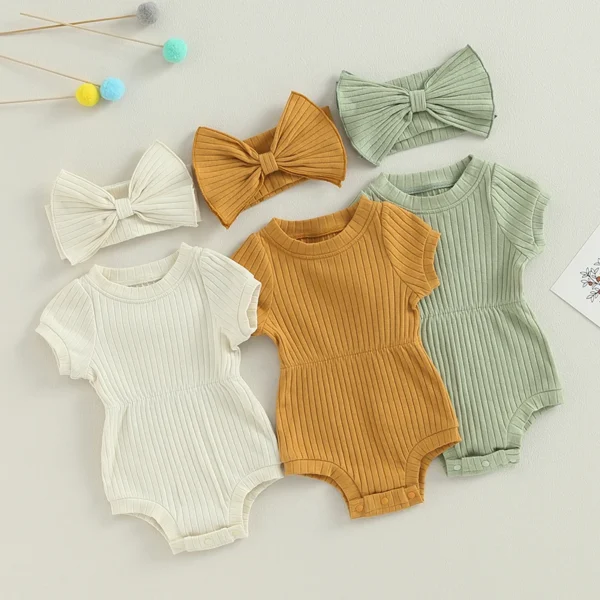 Sweety Baby Girl 2 Piece Outfits Solid Color Short Sleeve Romper with Bow Headband Set Summer Baby Bodysuits Clothes