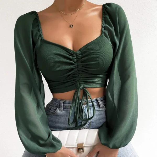 Sexy Mesh Lantern Sleeves Drawstring Wrap Chest Bare Midriff T Shirt Women Long Sleeves Bottoming Shirt Ladies Tee Shirt Tops - Image 4