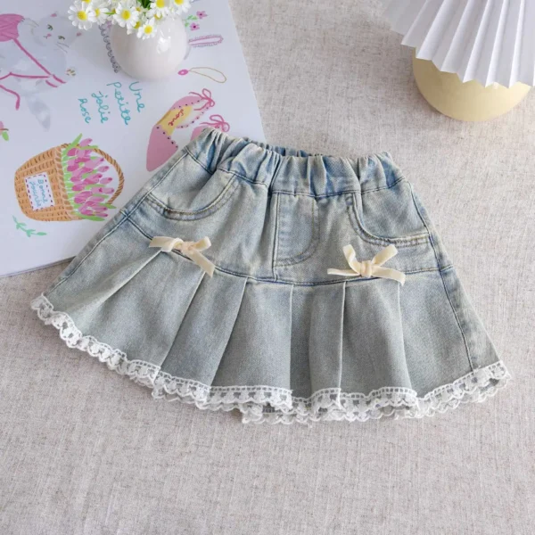 Summer Sweet Denim Skirt Kids Baby Girls Bow Pleated Skirt Children's Lace Skirt