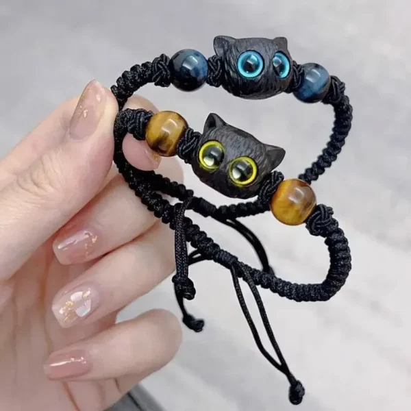 Cute Cat Couple Bracelet Imitation Wood Crystal Braided Children Bracelet - Image 2