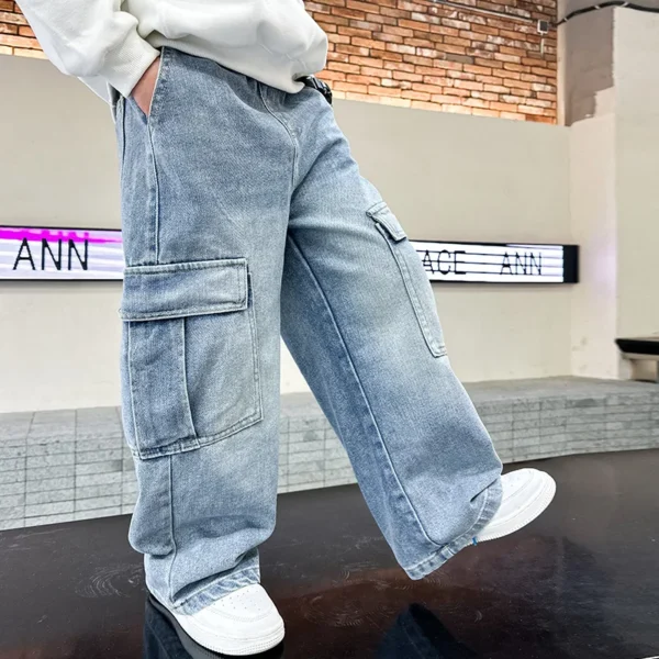 School Boys Casual Cargo Jeans With Pocket Preppy Loose Style Teenage Child Denim Pants High Fashion Kids Jeans Trousers 5-14 Y - Image 4