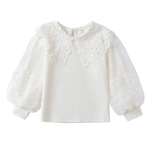 2025 Girls White Cotton T-Shirt Bubble Sleeve Blouse Floral Lace Collar Top Spring Layering Tee Princess Pure White Kids Shirt - Image 3