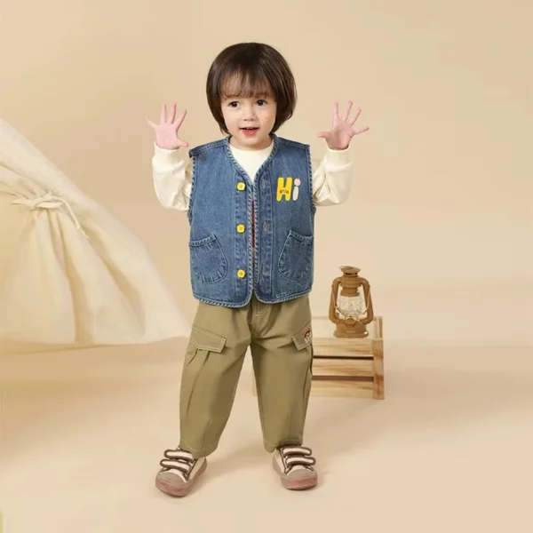 Boys Girls Denim Vest Spring Autumn V-Neck Letters Print Sleeveless Jean Waistcoat Children Casual Jacket Outerwear - Image 4