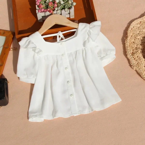 New Children Pure Color Doll Shirt Summer Puff Sleeve Blouse for Toddler Girls Korean Chiffon Short Sleeve Tops Clothes 10 12Yrs