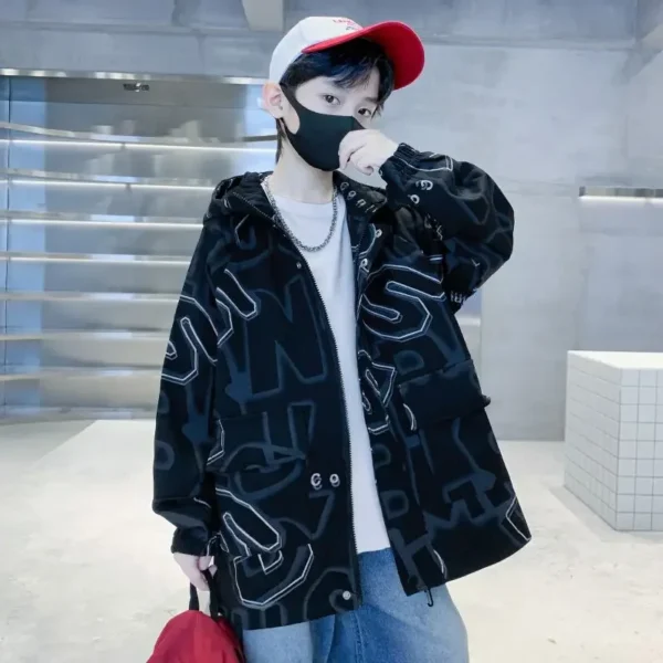 5-14 Years Fashion Windbreaker Jackets Spring Autumn Coats Teens Big Boys Clothes Hooded Jacket Solid Print Children Outwear - Image 3