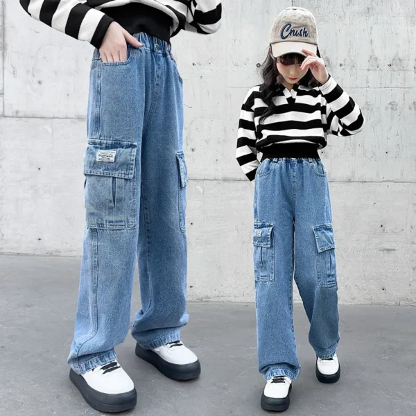 Fashion 2025 Cargo Jeans for Girls Spring Blue Pocket Hot Deals Teens Kids Cargo Pants Casual Straight School Children Trousers - Image 2