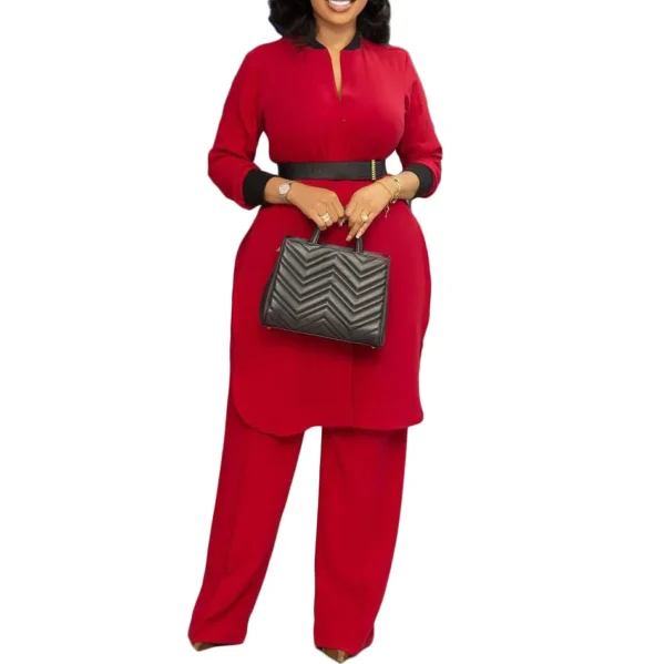 African Clothes Women Summer African Women Long Sleeve Red Blue Green Two Pieces Sets Top and Pant African Suit with Belt - Image 2