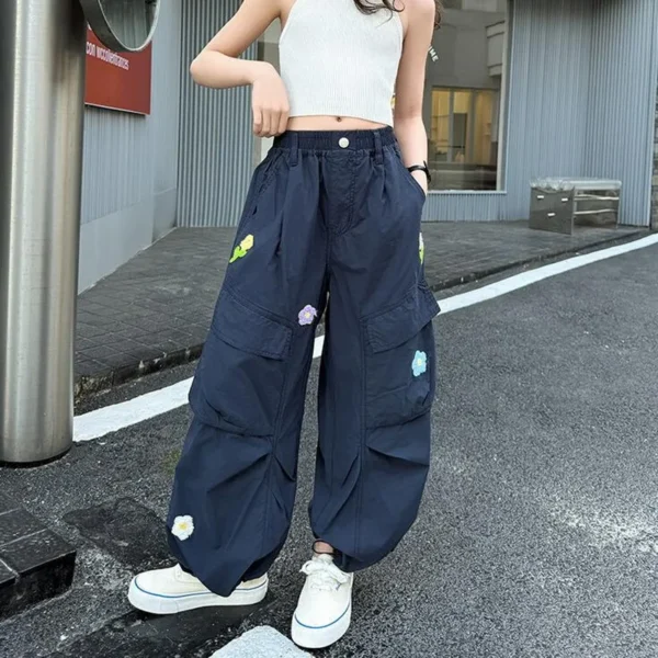 Teen Girls Cargo Pants Child Retro Floral Embroidered High-Waist Straight Wide-Leg Pants for Kids Casual Fashion Loose Trousers - Image 5