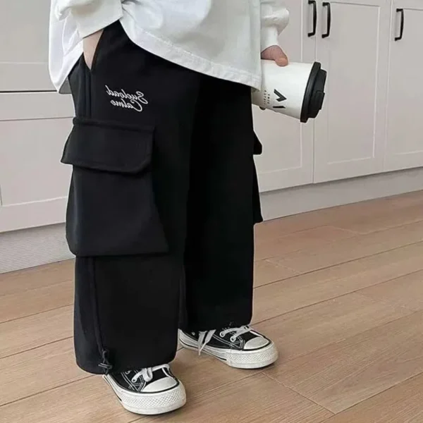 Black/grey Sweatpants Teen Boys Handsome Loose Straight Wide Leg Pants Streetwear Joggers Boys Pocket Casual Pants 2-12 Y - Image 5