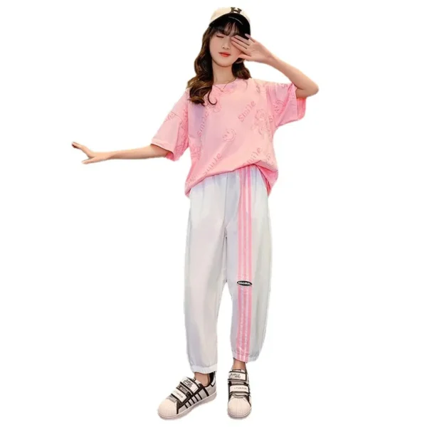 Teen Girls Sport Suit letters short t-shirt + striped Pants Children Set Tracksuit Kids Leggings - Image 2