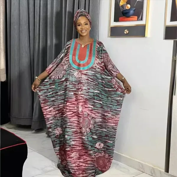 Customized CustomizedAfrican Dresses For Woman Bazin Riche Embroidery Design Long Dress With Scarf - Image 6