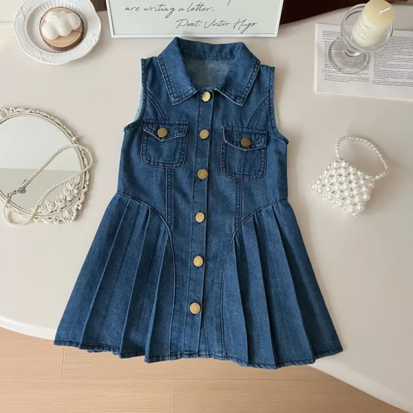 2025 Summer New Korean Version Girls Sleeveless Denim Slim-fitting Breasted Dress Girls Temperament Children's Skirt