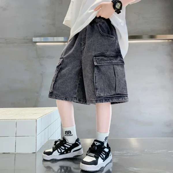 Loose Style Child Casual Black Denim Cargo Shorts With Big Pocket for Boys Elegant Summer Solid Short Baggy Jeans For Kids Teens - Image 2